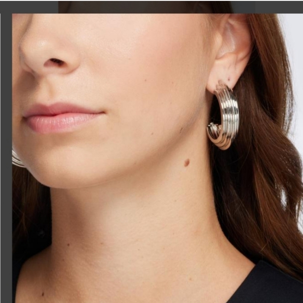 Nordstrom Open Edit Deco Ridge Hoop Earrings. Recycled Metal Rhodium Plate NWT